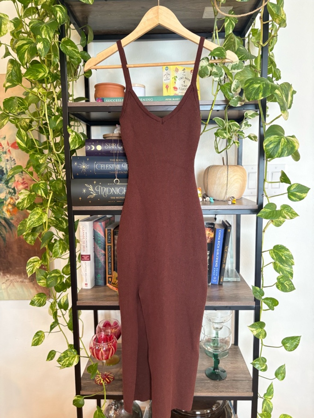 Brown Ribbed Viscose Blend Knit Bodycon Midi Dress Slit Minimalist Stretch